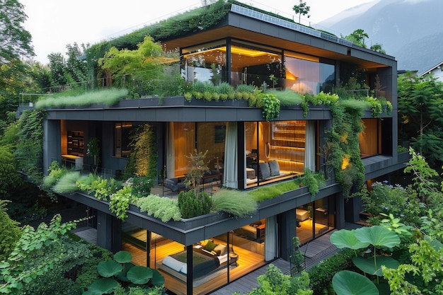写真 太陽電池パネルと茂った緑のある近代的な環境に優しい家