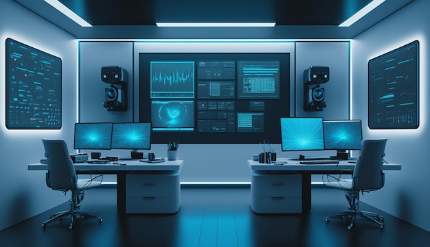 写真 未来のオフィスワークスペース - 青いテクノロジーの背景のライト - ゲネレーティブai