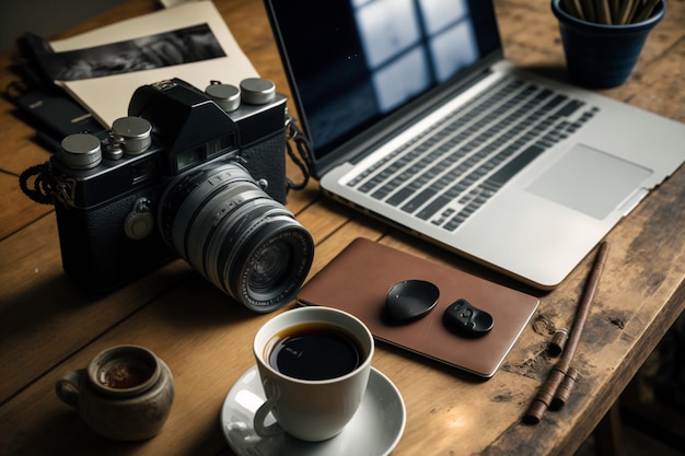 写真 ラップトップ用コーヒー カップと写真カメラ ai art を備えた木製デスクを備えたモダンなホーム オフィス セットアップ