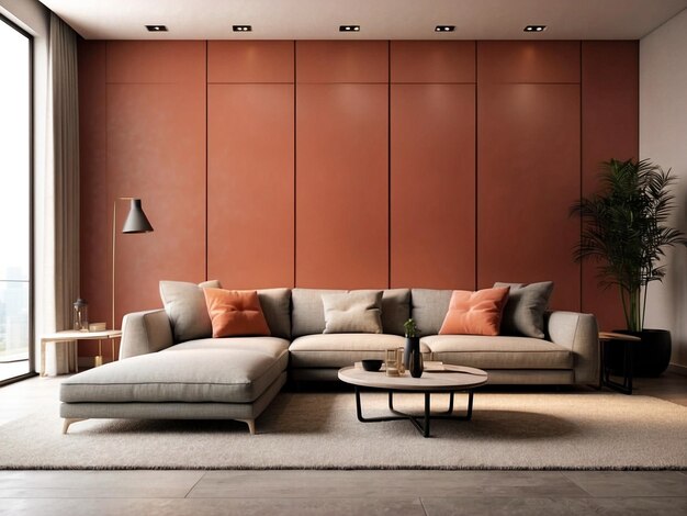 写真 ニュートラルな色彩の大きなソファと,生地を焼いたオレンジ色のパワーを備えた近代的なラウンジとリビングルームの設定
