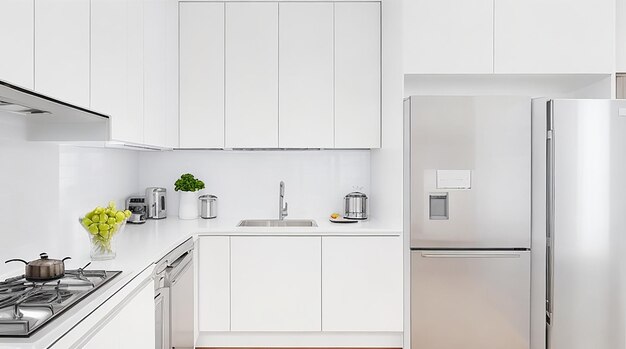 Фото Современная минималистичная кухня с гладкой бытовой техникой из нержавеющей стали и ярко-белой столешницей.