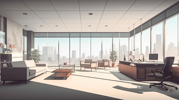 사진 도시를 바라보는 큰 창문이 있는 현대적인 사무실 사무실에는 책상, 의자, 소파가 있습니다.