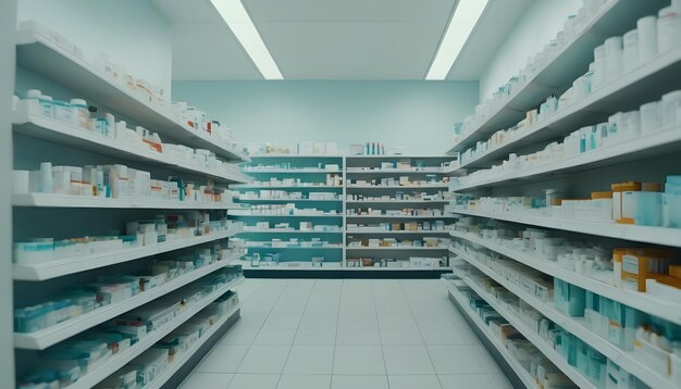 Фото Современный интерьер аптеки с полками, наполненными лекарствами