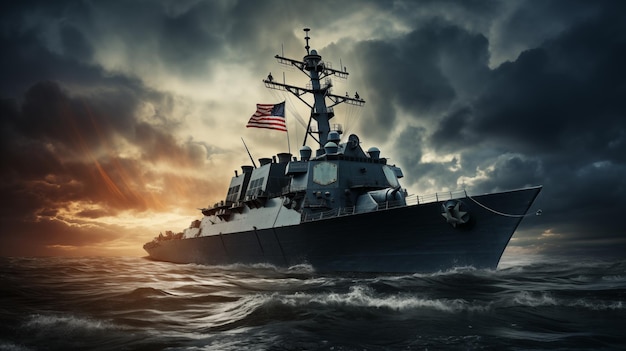 사진 미국 국기 를 달고 있는 현대적 인 미국 해군 군함