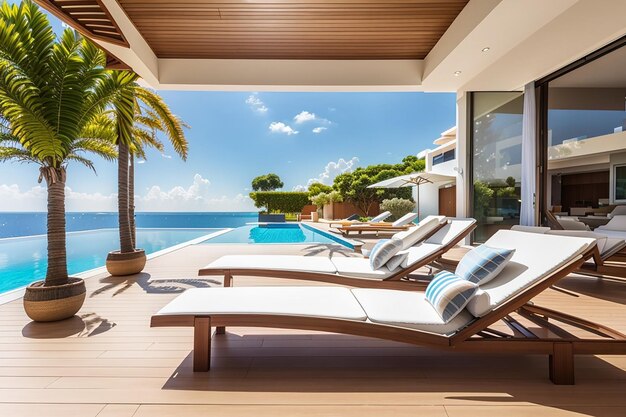 Фото Современная вилла на пляже, шезлонги на солнечной палубе и частный бассейн