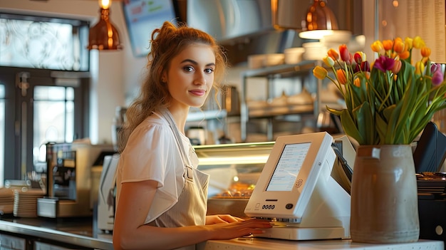 Фото Современная белая сенсорная система pos элегантно отображается в ресторане с красивой официанткой, стоящей рядом с ней, готовой принять заказы.