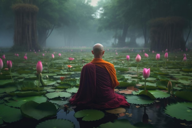 Фото Монах медитирует в пруду с лотосами