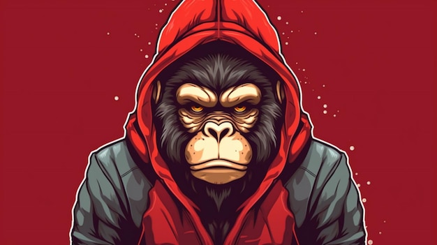 写真 ロゴが付いたフードとフードを着た猿