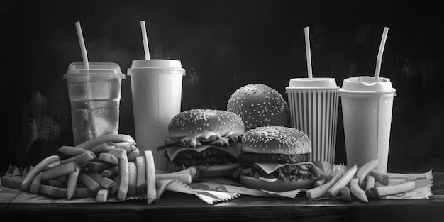 Фото Монохромное изображение различных продуктов быстрого питания и напитков подходит для рекламы в пищевой и напиточной промышленности