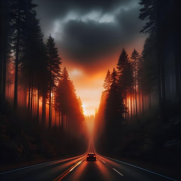 写真 暗い森への気まぐれな夕暮れのドライブ