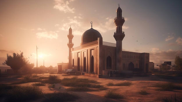 Фото Мечеть в пустыне с заходящим за ней солнцем