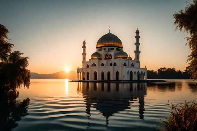 写真 太陽が沈む湖の真ん中にあるモスク