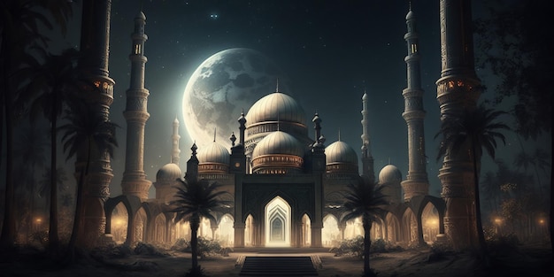 Фото Ночная мечеть на фоне луны