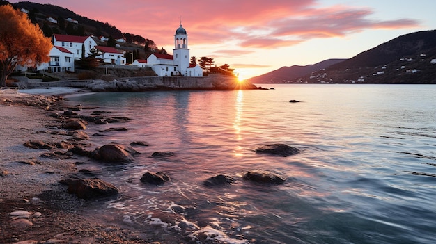 _A_mosque_on_the_shore_of_the_sea_at_sunsetHD 8K wallpaper fotografische afbeelding
