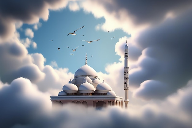 Фото Мечеть с птицами, летающими вокруг нее, и мечеть на заднем плане