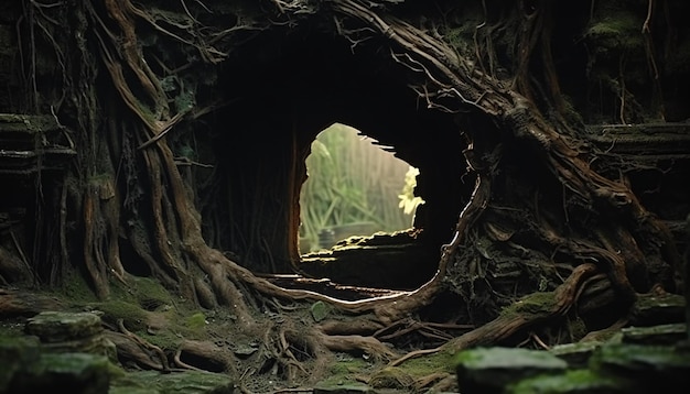 写真 やかな森の中のモスで覆われたトンネル