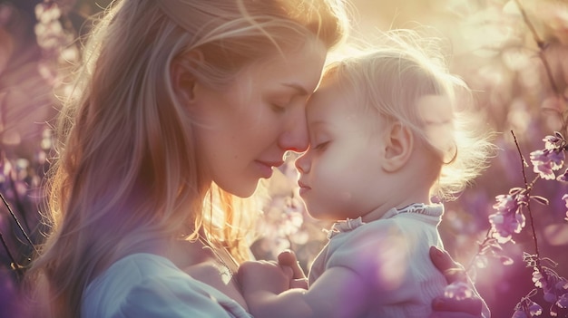 写真 母親と赤ちゃんが太陽の下でキスしている