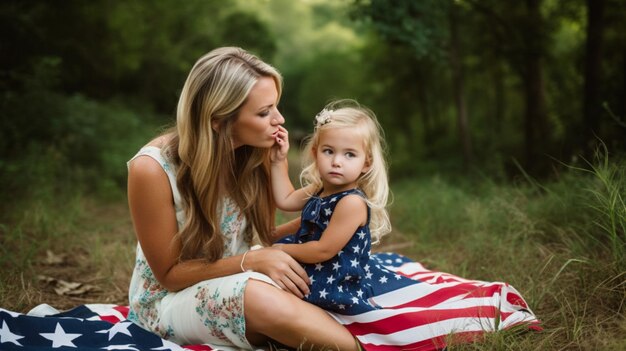写真 母と娘がアメリカの国旗が描かれた毛布に座っています。