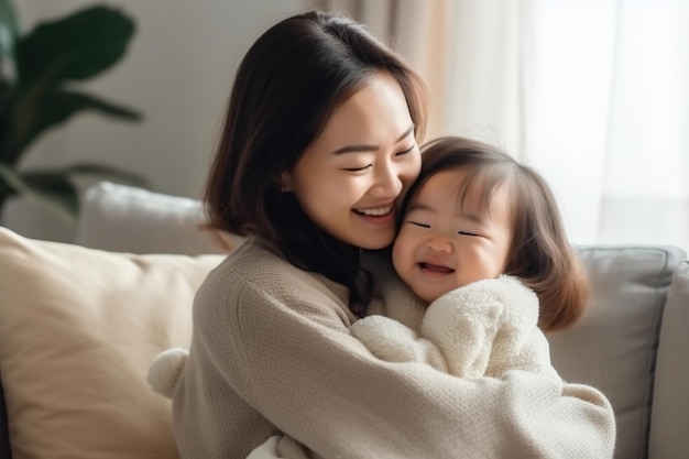 사진 어머니와 그녀의 아기가 포옹하고 웃고 있습니다.