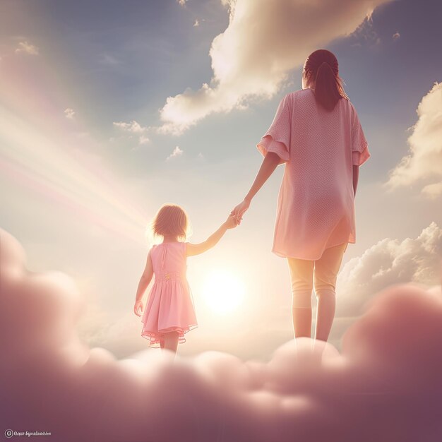 사진 어머니와 그녀의 아이는 어머니의 날 인사말 배경을 위해 구름 위에 서 있습니다.