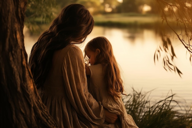 사진 눈높이 관점에서 찍은 자연 장면에서  ⁇ 안고 있는 어머니와 어린 소녀