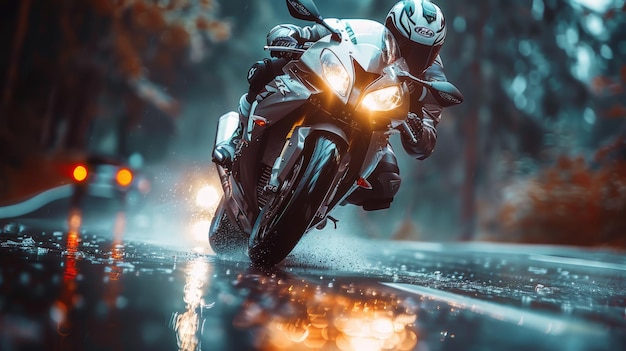 写真 ライダーがヘルメットをかぶっているモーターサイクルが雨の中に映っている