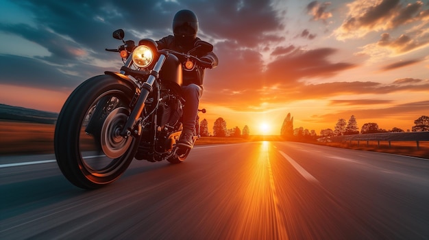 Фото Мотоциклист едет быстро по дороге в сумерках с баннером с кописпасом