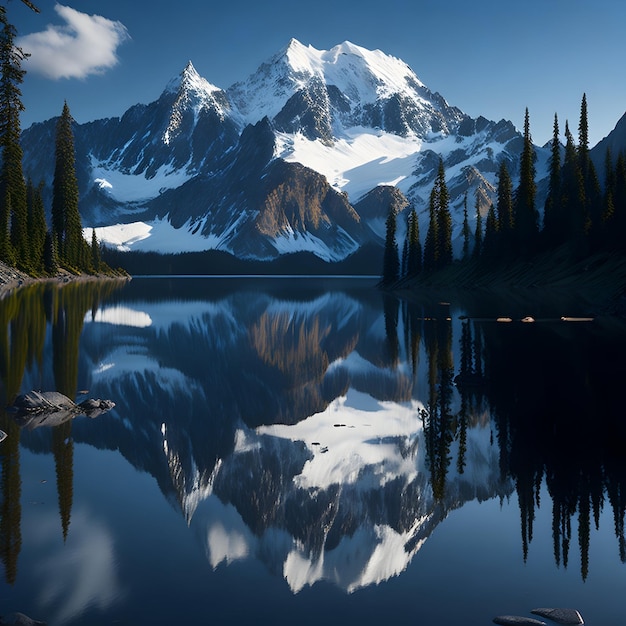 Фото Гора отражается в спокойной воде озера.