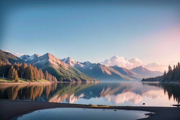 写真 山脈を背景にした山の湖