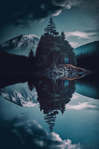 Фото Горное озеро с отражением горы и деревьев