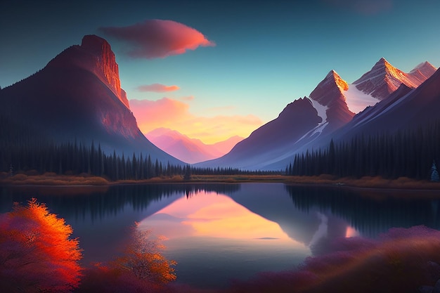 写真 夕日を背景にした山の湖