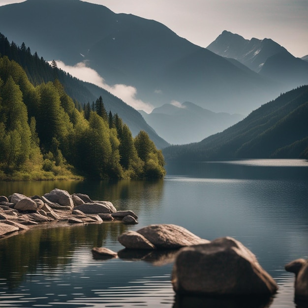 Фото На заднем плане изображен горный хребет с озером и горами