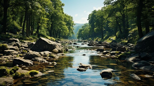 Фото Горная река, протекающая через пышный глубокий лес, окруженный высокими деревьями