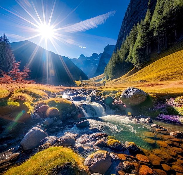 Фото Горный ручей, над которым сияет солнце