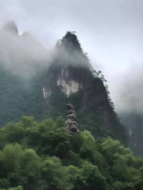 写真 緑の森と岩の山がある山