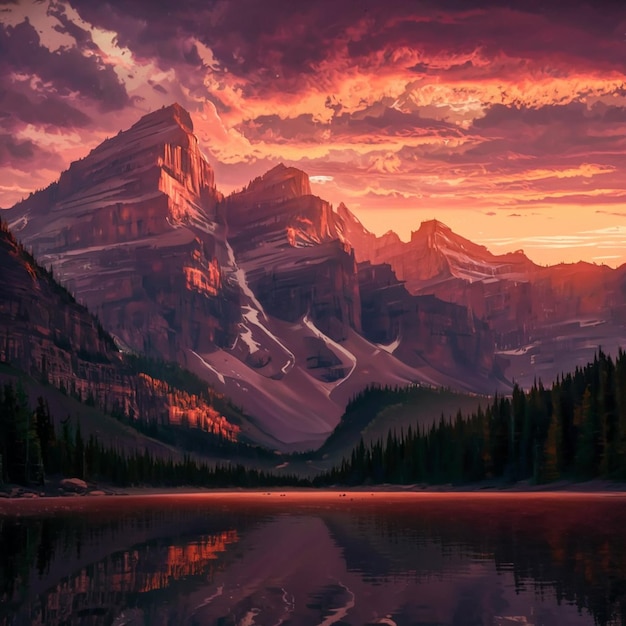 Фото Гора с заходом солнца на заднем плане и озером на переднем плане