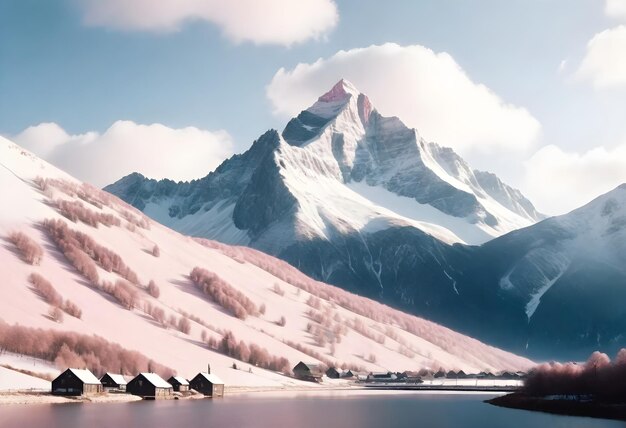 写真 雪が積もった山と背景の湖