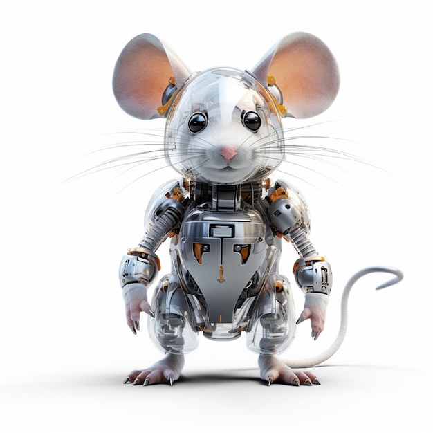 写真 白い背景にロボットスーツを着たネズミが立っています。