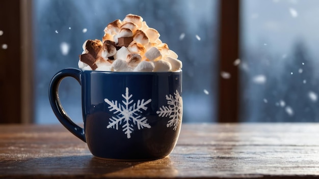 写真 暖かい冬のコンセプトに最適なマーシュマロを頂いた蒸し暑いチョコレートのカップ