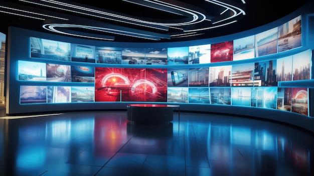 写真 マルチメディア・ビデオ・ウォール (multimedia video wall) はテレビ放送の設定で複数のスクリーンで様々なコンテンツのダイナミックな表示を示す