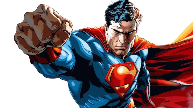 写真 青と赤のスーパーヒーローの衣装を着た筋肉の強い男性が胸から上まで描かれています