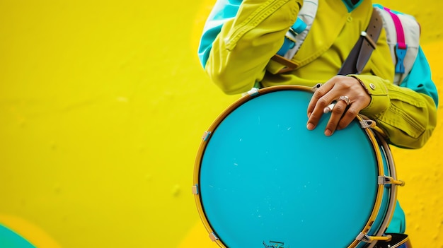 사진 다채로운 재 을 입은 음악가 가 노란색 배경 에 드럼 을 연주 한다