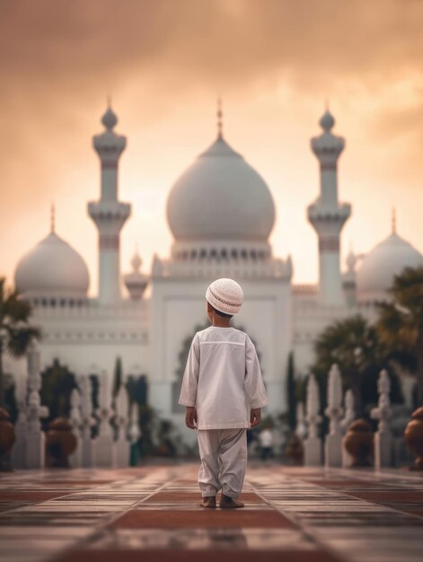 Фото Мусульманский мальчик в белой одежде и молитвенной шапке перед мечетью