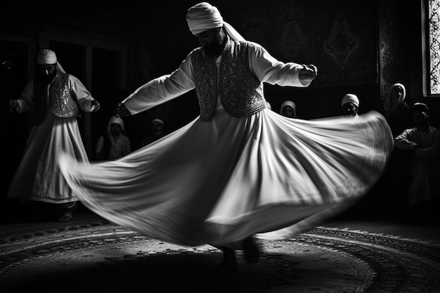 사진 전통 의상을 입은 무슬림 남자가 모스크에서 춤을 추고 있다