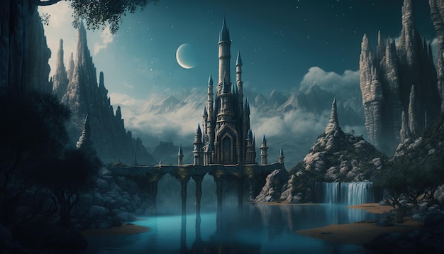 写真 ウォーターフォールズ・ファンタジー (waterfalls fantasy) の平原にあるエルフの都市の中心にある謎の塔
