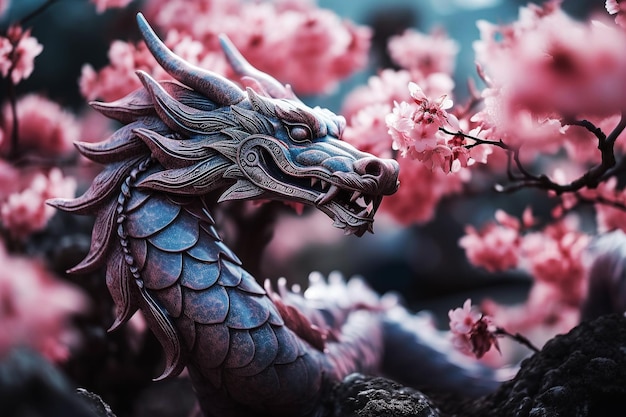 Фото Мистический дракон в цветущей вишне крупным планом генерирующая иллюстрация ии