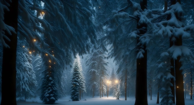 Фото Мистическая зимняя страна чудес покрытых снегом вечнозеленых растений