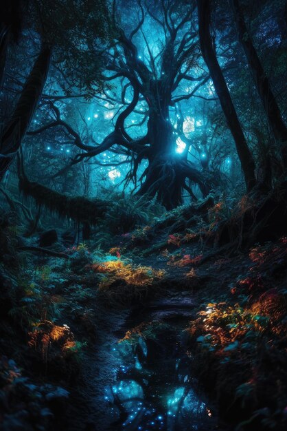 Фото Мифический лес, наполненный биолюминесцентными растениями