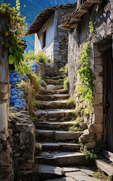 Фото Узкая улица с ступеньками, ведущими к дому с голубой дверью и ступеньками, ведущими к голубому дому.