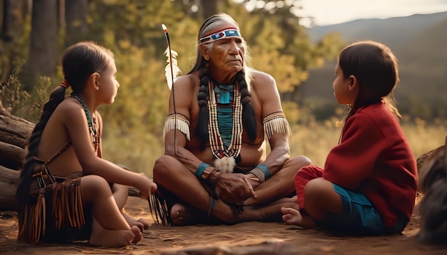Фото Старейшина коренных американцев делится мудростью с группой детей